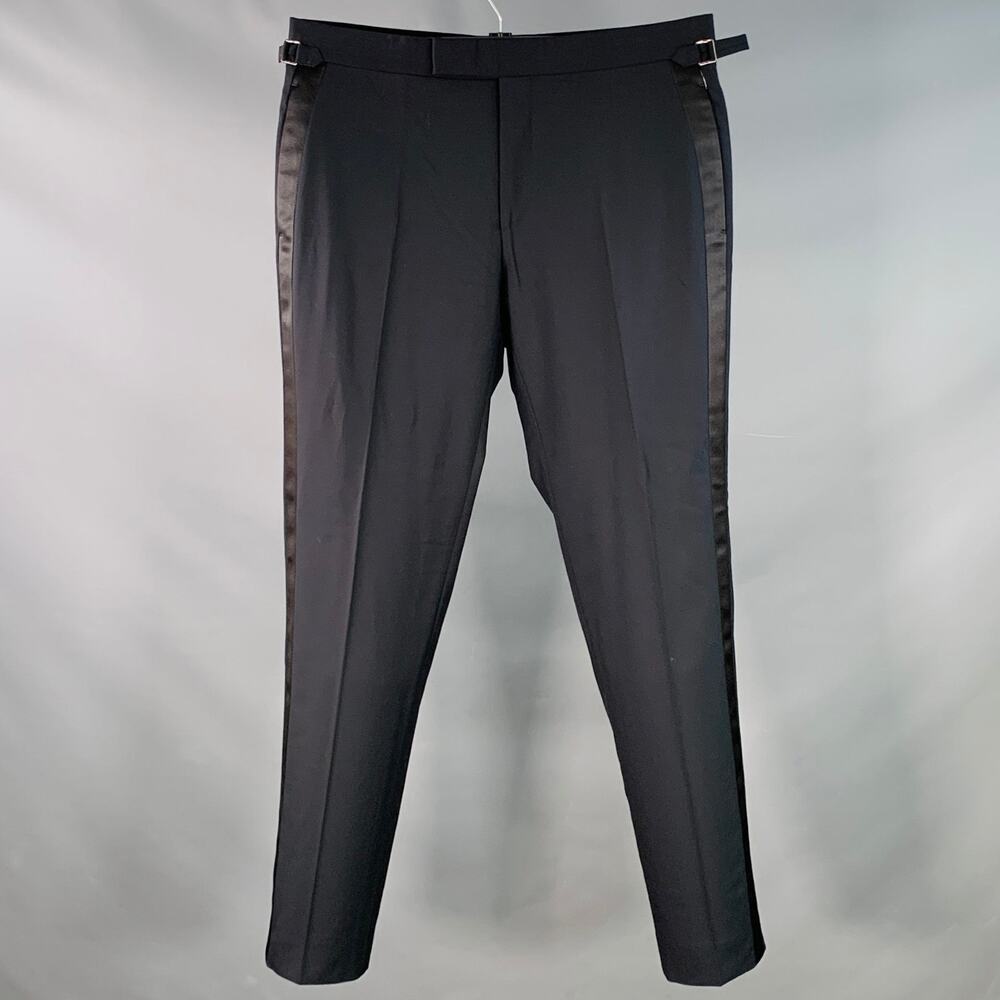 TOM FORD Size 36 Navy Black Wool Flat Front Side Tabs Zip Fly Dress Pants